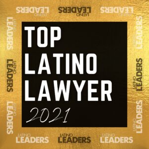 Top latino lawyer seal 2021 in black and gold.